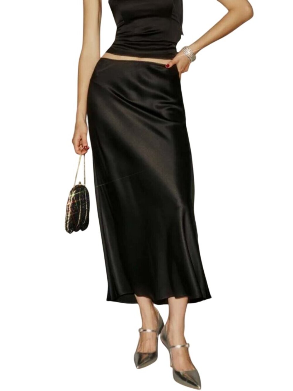Reformation Petites Layla A-Line Silk Midi Skirt Black Minimalist Bias Cut 4P